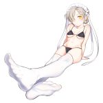  1girl alternate_costume arm_support azur_lane bikini black_bikini blonde_hair braid breasts cameltoe closed_mouth collarbone commentary_request crossed_legs foreshortening french_braid full_body guiltypink_n hair_over_one_eye hair_ribbon highres invisible_floor looking_at_viewer maid_headdress micro_bikini navel no_shoes partial_commentary ribbon sheffield_(azur_lane) simple_background solo swimsuit thighhighs underboob white_background white_legwear white_ribbon yellow_eyes 