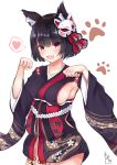  1girl absurdres animal_ear_fluff animal_ears azur_lane bell black_hair blush breasts cat_ears eyebrows_visible_through_hair highres japanese_clothes kimono large_breasts looking_at_viewer mask mask_on_head open_mouth paw_background paw_pose red_eyes short_hair sideboob smile solo yamashiro_(azur_lane) yvhg4273 