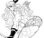 1girl amazon_(dragon&#039;s_crown) ass bare_shoulders bb_(baalbuddy) bent_over blush commentary curly_hair dragon&#039;s_crown english_commentary feathers from_side goblin greyscale hair_feathers headband highres holding holding_weapon long_hair looking_at_viewer monochrome muscle muscular_female parted_lips short_shorts shorts simple_background solo solo_focus sweatdrop tattoo weapon white_background 