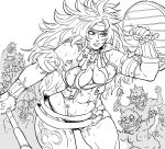  1girl abs bare_shoulders bb_(baalbuddy) big_hair bracer breasts goblin greyscale hand_up headband highres holding holding_shield holding_sword holding_weapon instant_loss_2koma large_breasts long_hair monochrome muscle muscular_female navel panties queen&#039;s_blade risty shield simple_background sweatdrop sword tattoo toned underwear weapon white_background 