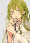  1boy bangs blush branch cherry_blossoms closed_mouth enkidu_(fate/strange_fake) eyebrows_visible_through_hair eyes_visible_through_hair fate/strange_fake fate_(series) green_hair grey_background grey_eyes hands_up highres holding long_sleeves looking_at_viewer male_focus satsuki_(miicat) simple_background smile solo upper_body wide_sleeves 