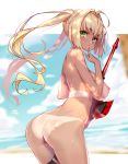  1girl absurdres aestus_estus ahoge ass bikini_tan blonde_hair blurry breasts cowboy_shot day depth_of_field dimples_of_venus eyebrows_visible_through_hair fate/grand_order fate_(series) finger_to_mouth from_behind hair_intakes highres hip_focus hong_(white_spider) large_breasts leaning_forward long_hair looking_at_viewer looking_back nero_claudius_(fate)_(all) nero_claudius_(swimsuit_caster)_(fate) nipples nude outdoors outside_border paid_reward parted_lips patreon_reward solo tan tanline twintails wet 