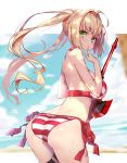  1girl absurdres aestus_estus ahoge ass bikini blonde_hair blurry breasts cowboy_shot day depth_of_field eyebrows_visible_through_hair fate/grand_order fate_(series) finger_to_mouth from_behind hair_intakes halterneck highres hip_focus hong_(white_spider) large_breasts leaning_forward long_hair looking_at_viewer looking_back nero_claudius_(fate)_(all) nero_claudius_(swimsuit_caster)_(fate) outdoors outside_border paid_reward patreon_reward side-tie_bikini sideboob solo striped striped_bikini swimsuit twintails underboob wet 