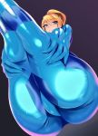  1girl ass bangs blonde_hair blue_bodysuit blue_eyes bodysuit breasts covered_nipples from_below gloves gradient gradient_background high_ponytail highres impossible_clothes legs_together long_hair medium_breasts metroid ponytail samus_aran simple_background skin_tight smile solo volyz zero_suit 