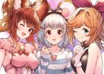  3girls :d ;) ;d animal_ears anthuria bangs black_bow blush bow breasts clarisse_(granblue_fantasy) closed_mouth collarbone commentary_request erune eyebrows_visible_through_hair fake_animal_ears gloves granblue_fantasy green_eyes hair_between_eyes hair_bow hair_ornament hair_ribbon hairclip heart highres koretsuki_azuma lips long_hair long_sleeves looking_at_viewer medium_breasts mouse_ears multiple_girls one_eye_closed open_mouth orange_hair pajamas ponytail red_eyes red_hair red_ribbon ribbon short_hair silver_hair sleeveless sleeves_past_wrists smile upper_body vikala_(granblue_fantasy) white_gloves yellow_ribbon 