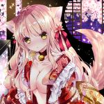  1girl animal_ear_fluff animal_ears bell bell_collar black_collar blush bow breasts cat_ears cat_girl cat_tail cherry_blossoms cleavage collar collarbone commentary_request floral_print flower hair_bow hair_flower hair_ornament japanese_clothes jingle_bell kimono light_brown_hair long_hair looking_at_viewer medium_breasts nanase_kureha nanase_nao open_clothes open_kimono original parted_lips petals pink_flower print_kimono red_bow red_flower red_kimono round_window solo tail tail_raised unmoving_pattern very_long_hair yellow_eyes 