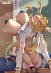  1boy 1girl ahegao animal_ears artoria_pendragon_(all) artoria_pendragon_(swimsuit_ruler)_(fate) ass bangs blue_legwear blush bouncing_breasts breasts bunny_girl censored cowgirl_position cropped_jacket crown fake_animal_ears fate/grand_order fate_(series) from_behind green_eyes hair_between_eyes head_back heart_pasties hetero large_breasts long_hair long_sleeves nanaya_(daaijianglin) open_mouth pasties penis revealing_clothes reverse_bunnysuit reverse_outfit saliva sex sidelocks spread_legs straddling thighhighs tongue tongue_out vaginal 