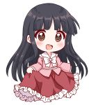  1girl absurdres bangs black_hair blunt_bangs blush bow bowtie brown_eyes chibi collared_shirt eyebrows_visible_through_hair highres hime_cut houraisan_kaguya long_skirt long_sleeves open_mouth pink_shirt red_skirt shirt skirt solo touhou upper_teeth usagi_koushaku white_background white_bow white_neckwear wide_sleeves 