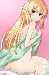  1girl ass blonde_hair blue_eyes blush breasts eyebrows_visible_through_hair from_behind iwasi-r large_breasts long_hair looking_at_viewer looking_back neptune_(series) nude sidelocks sitting solo vert 