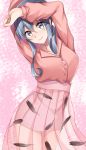  1girl blue_eyes blue_hair blush eyebrows_visible_through_hair gotland_(kantai_collection) hair_between_eyes hair_bun highres kantai_collection long_hair long_sleeves looking_at_viewer mole mole_under_eye pink_shirt pink_skirt ruin_re_birth see-through_skirt shirt skirt smile solo 