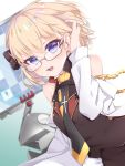  1girl azur_lane bangs bare_shoulders black_bow black_neckwear blonde_hair blurry blurry_background blush bow brown_shirt brown_skirt commentary_request depth_of_field dutch_angle eyebrows_visible_through_hair glasses hair_between_eyes hair_bow hand_in_hair hand_up jacket long_sleeves looking_at_viewer necktie open_clothes open_jacket open_mouth purple_eyes shirt shiruko27anko skirt sleeveless sleeveless_shirt solo upper_teeth white_jacket z23_(azur_lane) z23_(teacher_of_philosophy)_(azur_lane) 