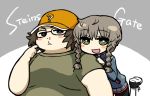  1boy 1girl amane_suzuha bangs baseball_cap bike_shorts blood blue_eyes blush braid brown_hair chan_co eyebrows_visible_through_hair glasses green_eyes green_shirt hair_between_eyes hand_on_another&#039;s_shoulder hashida_itaru hat jacket leg_up long_sleeves looking_at_viewer nosebleed obese open_mouth shirt shoes short_sleeves simple_background smile standing standing_on_one_leg steins;gate track_jacket twin_braids 