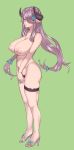  1girl absurdres blue_eyes blush braid breasts commentary_request demon_horns draph from_side full_body granblue_fantasy green_background hair_ornament hair_over_one_eye high_heels highres horns kayumidome large_breasts lavender_hair long_hair looking_at_viewer low_tied_hair narmaya_(granblue_fantasy) nipples nude pointy_ears pubic_hair purple_hair single_braid smile 