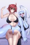  2girls :o ahoge ass_smack bed bed_sheet bikini black_bikini black_bra black_panties black_scarf black_sclera blue_skin blush bra breasts breasts_apart cleavage commentary commission curvy dullahan grin heterochromia huge_ahoge lala_(monster_musume) lindaroze long_hair looking_to_the_side lying monster_girl monster_musume_no_iru_nichijou multiple_girls nose_blush on_bed on_stomach open_mouth panties red_hair scarf short_hair sidelocks sitting slap_mark slapping smile spanked spanking stitches swimsuit teeth underwear white_background white_hair yellow_eyes yuri zombie zombina 