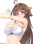  1girl ahoge blush bra breasts brown_hair chestnut_mouth cleavage commentary_request double_bun hairband highres kantai_collection kongou_(kantai_collection) large_breasts long_hair purple_eyes simple_background solo takase_muu twitter_username underwear underwear_only upper_body white_background white_bra 