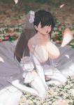  1girl bangs blush breasts breasts_outside bridal_veil bride commentary_request detached_sleeves dress elbow_gloves falling_petals field flower flower_field garter_straps girls_frontline gloves hair_flower hair_ornament large_breasts loading_(vkjim0610) long_hair looking_to_the_side nipples one_side_up open_mouth red_eyes rose sitting skirt sweat veil wa2000_(girls_frontline) wariza wedding_dress white_dress white_flower white_legwear white_rose white_skirt 