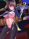  1girl absurdres animal_ears azur_lane baltimore_(azur_lane) bangs black_legwear black_neckwear blue_jacket blush bottle breasts brown_hair bunny_ears collared_jacket commentary_request covering covering_breasts cowboy_shot cropped_jacket cup drinking_glass eyebrows_visible_through_hair fake_animal_ears gloves hair_between_eyes heart_pasties highleg highres holding holding_tray indoors jacket large_breasts latex_legwear long_sleeves looking_to_the_side maebari navel necktie no_ahoge nose_blush pasties putoron revealing_clothes reverse_bunnysuit reverse_outfit short_hair shrug_(clothing) sidelocks solo standing stomach tray waist_cape white_gloves wine_bottle wine_glass yellow_eyes 