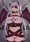  1girl breasts broken_horn chain cleavage collar collarbone cowboy_shot demon_girl demon_horns demon_wings eyepatch glint gloves highres horns irohasu large_breasts long_hair looking_at_viewer navel o-ring o-ring_top orange_eyes original panties pointy_ears red_gloves restrained revealing_clothes sidelocks silver_hair skindentation solo standing stomach twintails underwear very_long_hair white_panties wings 