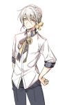  1boy ajishio bell black_pants braid commentary doodle hair_bell hair_ornament hand_on_hip highres iori_yuzuru looking_at_viewer male_focus neck_bell neck_ribbon pants ribbon shirt tassel v-shaped_eyebrows voiceroid white_background white_hair white_shirt yellow_eyes 