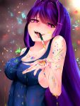  1girl bare_arms bare_shoulders blurry blurry_background breasts cleavage collarbone crazy_eyes crunnix doki_doki_literature_club eyebrows_visible_through_hair fangs fountain_pen hair_ornament hairclip highres impossible_clothes impossible_swimsuit ink large_breasts long_hair looking_at_viewer multicolored open_mouth pen purple_eyes purple_hair school_swimsuit sideboob smile solo swimsuit taut_clothes tongue tongue_out very_long_hair yuri_(doki_doki_literature_club) 