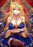  1girl artoria_pendragon_(all) bangs bare_shoulders black_legwear blonde_hair blue_dress blue_nails braid breasts commentary_request crown dress earrings eyebrows_visible_through_hair fate/grand_order fate_(series) gem green_eyes hair_ornament highres jewelry long_hair looking_at_viewer ribbon sakiyamama sitting smile solo thighhighs very_long_hair 