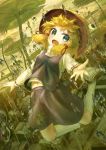  1girl :d absurdres air_bubble animal_print blonde_hair bubble building dutch_angle ekaapetto folded_leg foreshortening frog_print full_body green_eyes green_theme hair_ribbon hat highres jumping kneehighs leaf lily_pad long_sleeves looking_at_viewer midriff_peek moriya_suwako navel open_mouth outdoors outstretched_hand purple_skirt purple_vest reaching_out ribbon ribbon-trimmed_sleeves ribbon_trim shirt short_hair sidelocks skirt skirt_set smile solo touhou twilight underwater vest water_drop white_legwear white_shirt yellow_sky 