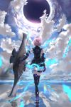  1girl armor armored_dress aura bare_shoulders black_gloves blue_sky boots cloud cloudy_sky fate/grand_order fate_(series) from_behind gloves high_heel_boots high_heels highres holding_shield kdm_(ke_dama) lavender_hair mash_kyrielight pink_hair reflection shield shirt short_hair singularity sky skyline sleeveless sleeveless_shirt thigh_strap thighhighs walking water 