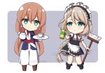  2girls :&lt; apron bangs black_footwear black_skirt blue_eyes blue_jacket blush boots braid breasts broom brown_footwear brown_hair chibi closed_mouth commission cup dress eyebrows_visible_through_hair frilled_apron frilled_skirt frills g36_(girls_frontline) girls_frontline gloves green_eyes grey_background hair_between_eyes holding holding_broom holding_plate holding_teapot jacket long_hair long_sleeves low_twintails m1903_springfield_(girls_frontline) maid maid_headdress multiple_girls open_clothes open_jacket plate puffy_short_sleeves puffy_sleeves rynzfrancis shirt short_sleeves skirt small_breasts smile spray_can teacup twintails twitter_username two-tone_background very_long_hair waist_apron watermark white_apron white_background white_dress white_gloves white_shirt 
