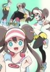  +_+ 1girl black_legwear blue_eyes blush bow breasts brown_hair chorimokki double_bun hat large_breasts legwear_under_shorts long_hair looking_at_viewer mei_(pokemon) multiple_views open_mouth pantyhose pink_bow pokemon pokemon_(game) pokemon_bw2 raglan_sleeves shirt shoes short_shorts shorts simple_background smile sneakers tagme twintails very_long_hair visor_cap yellow_shorts 