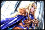  1girl alice_schuberg armor bangs blonde_hair blue_cape blue_eyes braided_ponytail breastplate cape closed_mouth dutch_angle eyebrows_visible_through_hair from_below hair_intakes hairband hands_on_hilt long_hair marie_(pixiv31942978) shiny shiny_hair shoulder_armor solo spaulders standing sword sword_art_online very_long_hair weapon white_hairband 