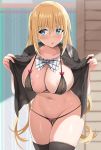  1girl black_bra black_legwear black_panties black_shirt blend_s blonde_hair blue_eyes bow bowtie bra breasts cleavage commentary_request cowboy_shot groin hinata_kaho large_breasts long_hair looking_at_viewer navel noripachi open_clothes open_shirt panties parted_lips shirt short_sleeves skindentation solo stomach string_bra string_panties sweat thighhighs thighs twintails underwear very_long_hair 