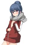  1girl aikawa_ryou blue_hair blush commentary cowboy_shot grey_scarf hair_bun highres jacket naked_track_jacket no_pants open_track_jacket purple_eyes red_jacket scarf shima_rin solo track_jacket white_background yurucamp 