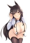  1girl animal_ear_fluff animal_ears atago_(azur_lane) azur_lane bangs bikini black_bikini black_hair black_legwear blush breasts closed_mouth commission covered_nipples cowboy_shot euforia eyebrows_visible_through_hair groin hand_in_hair hand_up large_breasts leaning_forward long_hair long_sleeves micro_bikini race_queen shrug_(clothing) sidelocks simple_background smile solo swept_bangs swimsuit thighhighs very_long_hair white_background yellow_eyes 