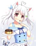  &gt;_&lt; 1girl :q ahoge animal_ear_fluff animal_ears apron bangs bare_shoulders bell blue_ribbon blue_vest blush cat_ears cat_girl cat_hair_ornament cat_tail chocolate_on_fingers closed_mouth clover_hair_ornament collarbone commentary_request eyebrows_visible_through_hair food_on_finger four-leaf_clover_hair_ornament gradient gradient_background grey_background hair_ornament hair_ribbon hairclip happy_birthday heart_ahoge highres holding holding_plate jingle_bell long_hair off-shoulder_shirt off_shoulder original plate puffy_short_sleeves puffy_sleeves red_eyes ribbon shirt short_sleeves silver_hair smile solo sparkle tail tail_bell tail_raised tail_ribbon tongue tongue_out twintails vest waist_apron white_apron white_background white_shirt xiaosamiao 