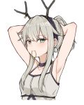  1girl absurdres antlers arknights armpits arms_up bangs breasts camisole chinese_commentary choker cropped_torso deer_antlers deer_girl earrings eyebrows_visible_through_hair firewatch_(arknights) green_eyes grey_hair hair_between_eyes hair_tie hair_tie_in_mouth hairband highres jewelry long_hair looking_at_viewer mango_(mgo) mouth_hold ponytail sidelocks simple_background small_breasts solo tying_hair upper_body white_background 