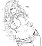  1girl bb_(baalbuddy) breasts commentary cowboy_shot dutch_angle english_commentary fat greyscale headband highres huge_breasts long_hair monochrome navel pants panty_straps queen&#039;s_blade risty simple_background skindentation sweatdrop thick_thighs thighs very_long_hair wavy_mouth white_background 