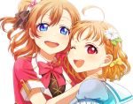  2girls flower hair_flower hair_ornament heru_(totoben) hug kousaka_honoka love_live! love_live!_school_idol_project love_live!_sunshine!! multiple_girls open_mouth orange_hair smile sunny_day_song takami_chika trait_connection water_blue_new_world 