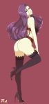  1girl artist_name ass bare_shoulders black_footwear black_legwear bra breasts circlet earrings fire_emblem fire_emblem_echoes:_shadows_of_valentia fire_emblem_gaiden full_body glint high_heels highres jewelry large_breasts leg_up long_hair panties parted_lips pink_lips purple_background purple_hair r3dfive red_bra red_eyes red_panties smile solo sonya_(fire_emblem) standing standing_on_one_leg thighhighs underwear underwear_only very_long_hair 