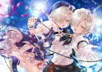  2girls ascot azur_lane belt black_dress black_vest blonde_hair blue_dress blurry braid brooch cable commentary_request concert confetti cross crowd depth_of_field dress dual_persona eyes_visible_through_hair fingerless_gloves french_braid frilled_cuffs frilled_dress frills gloves glowstick hair_over_one_eye hair_ribbon holding holding_microphone jewelry lens_flare maid_headdress microphone microphone_cord miniskirt multiple_girls open_mouth outstretched_hand panties pantyshot pantyshot_(standing) pleated_skirt red_ribbon ribbon sheffield_(azur_lane) sheffield_(muse)_(azur_lane) short_sleeves skirt standing studded_belt thighs ui._(aqua_pot) underwear vest white_gloves white_ribbon wrist_cuffs yellow_eyes 