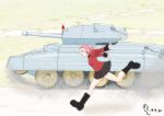  1girl artist_name black_footwear black_skirt boots brown_eyes commentary crusader_(tank) dated day dust_cloud from_side girls_und_panzer ground_vehicle highres jacket long_sleeves medium_hair military military_uniform military_vehicle miniskirt motor_vehicle oekaki_ojiisan open_mouth outdoors outstretched_arms pleated_skirt red_hair red_jacket rosehip_(girls_und_panzer) running signature skirt smile solo spread_arms st._gloriana&#039;s_military_uniform tank uniform 