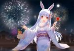  animal_ears apple blue_hair building bunny_ears bunnygirl candy city fireworks food fruit hololive japanese_clothes kimono long_hair night red_eyes reflection silhouette snozaki usada_pekora water 