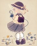  ! 1girl backpack bag black_footwear black_headwear blue_eyes blue_skirt from_behind full_body hand_up hat heart holding_strap komeiji_koishi long_sleeves medium_hair shirt skirt solo third_eye touhou white_legwear yellow_shirt yujup 