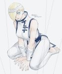  1girl alternate_costume bandaged_arm bandages blonde_hair blue_eyes blue_lipstick breasts expressionless falke_(street_fighter) full_body hair_over_one_eye headband highres kneeling lipstick makeup medium_breasts short_hair sleeveless solo stirrup_legwear street_fighter street_fighter_v toeless_legwear tombsakura twitter_username white_legwear 