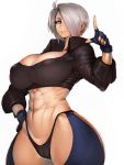  1girl abs angel_(kof) blue_eyes blue_gloves breasts cameltoe fingerless_gloves fumio_(rsqkr) gloves hair_over_one_eye hand_on_hip highres jacket large_breasts light_smile lips looking_at_viewer midriff navel short_hair silver_hair simple_background solo the_king_of_fighters thick_thighs thighs white_background wide_hips 