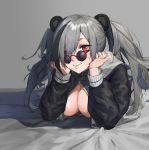  1girl animal_ears arknights breasts china_dress chinese_clothes cleavage dress feater_(arknights) grey_hair hair_over_one_eye highres liudaohai6001 long_hair looking_at_viewer lying on_stomach panda_ears red_eyes smile solo twintails 