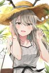  1girl :d absurdres alternate_hairstyle antlers arknights bag bangs bare_shoulders blush breasts chinese_commentary collarbone day deer_antlers deer_girl eyebrows_visible_through_hair firewatch_(arknights) flower grey_eyes grey_hair hair_between_eyes hair_tucking hands_up hat highres holding holding_bag impossible_hat lily_of_the_valley long_hair looking_at_viewer mango_(mgo) open_mouth outdoors sidelocks small_breasts smile solo straw_hat sun_hat tank_top upper_body 