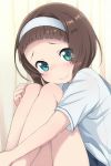  1girl aqua_eyes bare_legs blush brown_hair furrowed_eyebrows gym_shirt gym_shorts gym_uniform headband kimagure_blue looking_at_viewer original shirt short_hair shorts smile sweat sweatdrop tearing_up 