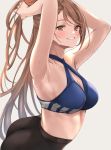  1girl absurdres armpits arms_behind_head arms_up ass bangs bare_shoulders beatrix_(granblue_fantasy) black_pants blue_bra blush bra breasts brown_eyes brown_hair cleavage granblue_fantasy grin highres large_breasts long_hair looking_at_viewer pants ponytail renzu_(lens_02) simple_background smile solo sports_bra sweat swept_bangs tight tight_pants tying_hair underwear yoga_pants 