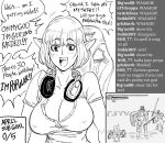  1girl bb_(baalbuddy) blush bob_cut breasts cleavage commentary covered_nipples dark_souls deck_chair elf english_commentary english_text eyebrows_visible_through_hair greyscale happy headphones headphones_around_neck highres large_breasts livestream monochrome open_mouth original playing_games pointy_ears real_life short_hair sitting sketch solo_focus souls_(from_software) twitch.tv unbuttoned unbuttoned_shirt video_game warhammer_fantasy 
