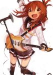  1girl absurdres arms_up bangs black_legwear black_sailor_collar black_skirt blush brown_hair eyebrows_visible_through_hair folded_ponytail guitar hair_between_eyes highres holding holding_instrument inazuma_(kantai_collection) instrument kaamin_(mariarose753) kantai_collection long_sleeves microphone microphone_stand open_mouth pleated_skirt ponytail sailor_collar school_uniform serafuku simple_background skirt solo thighhighs white_background yellow_eyes yellow_neckwear 